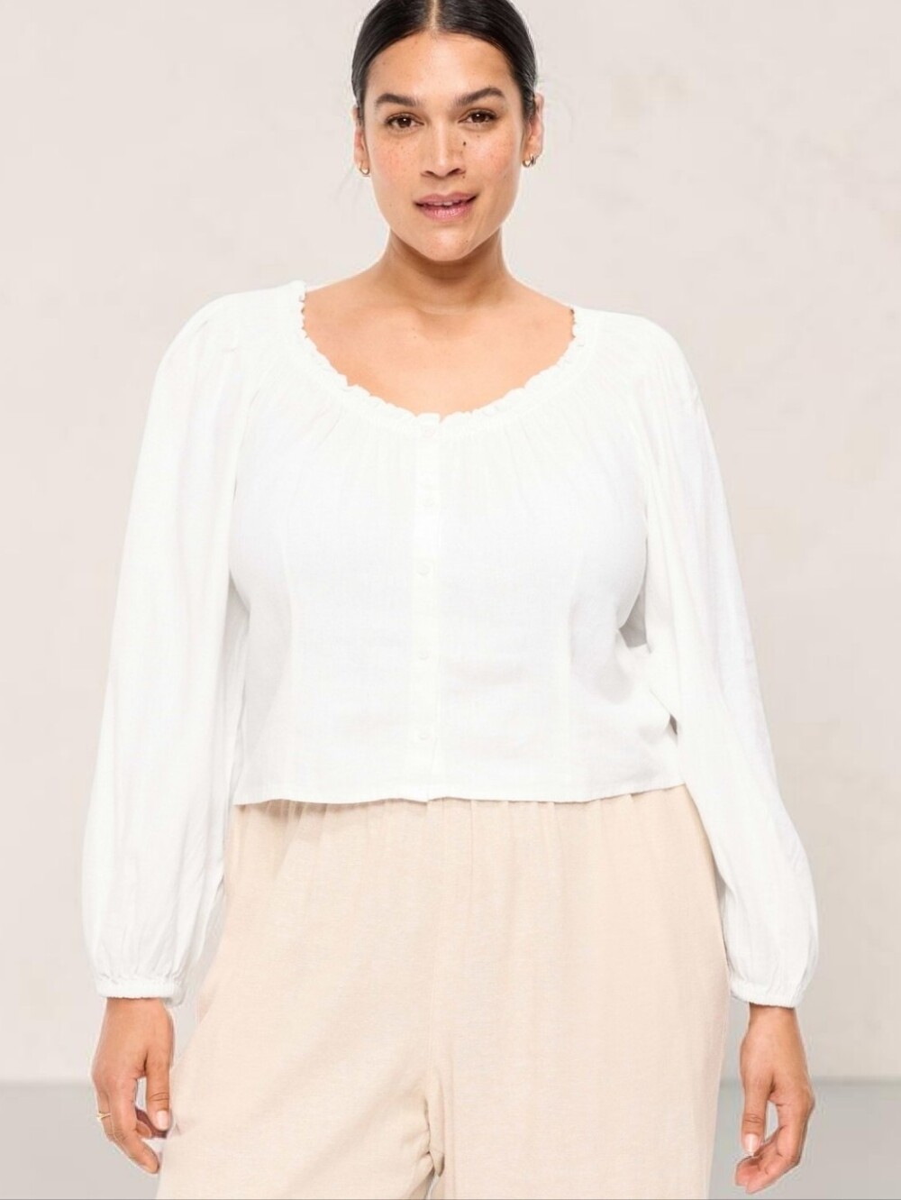 OLD NAVY White Long Sleeve  Button-Down Peasant Blouse